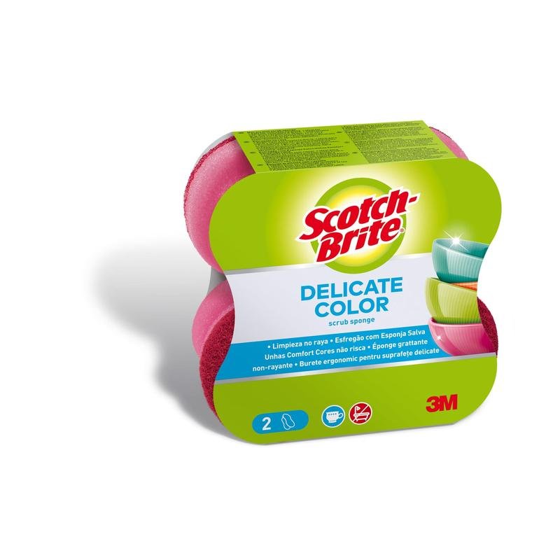 The Scotch-Brite® Delicate Color Comfort non-scratch cleaning sponge by 3M Deutschland GmbH cleans delicate surfaces. The 2-pack contains pink and green sponges with product information on the label.