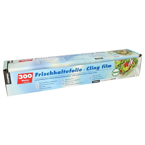 Starpak cling film, PVC 300 m with practical cutting system, in blue-white packaging with German-English labeling for easy tearing.