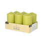 A beige cardboard tray holds six Starpak 6 pillar candles (Ø 60 mm, 115 mm) in light green, each with a flat top and centered wick. The sturdy Starpak tray features black and white side labels and ensures a long burning time.