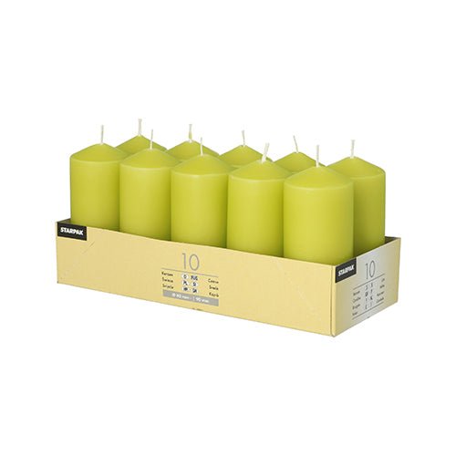 A cardboard tray labeled "Starpak 10 pillar candles Ø 40 mm · 90 mm" contains ten yellow-green candles in two rows of five each. Each candle has a visible wick, offers a long burning time, and creates a romantic atmosphere. Brand: Starpak.