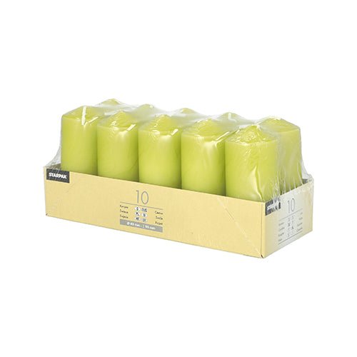Starpak 10 pillar candles Ø 40 mm · 90 mm, yellow, with a long burning time – arranged in two rows, clearly packaged in a rectangular box with product information. Ideal for a romantic atmosphere.