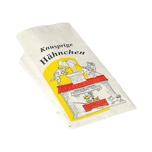 The Starpak 100 chicken bag made of paper with aluminum lining shows "Crispy Chicken," chickens around an oven and yellow accents. Eco-friendly, from the brand Starpak.