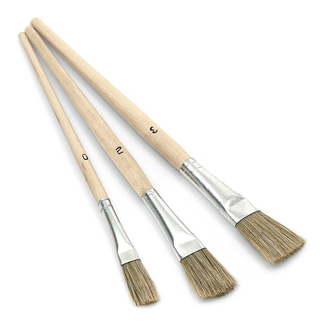 Three Nölle Profi Brush enamel paint brushes (10-14 mm, sizes 0, 2, 3) with wooden handles and natural bristles from Nölle Profi Brush Bürsten- & Pinseltechnik e.K. are arranged by size on a white background.