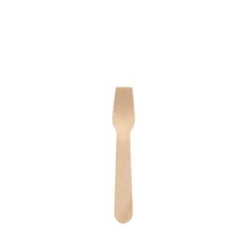 A small PAPSTAR ice cream spoon made of wood "pure" (9.4 cm) stands in the center on a white background, has a flat handle and a short head with flat prongs - an eco-friendly, environmentally conscious choice from PAPSTAR GmbH (100 pieces).