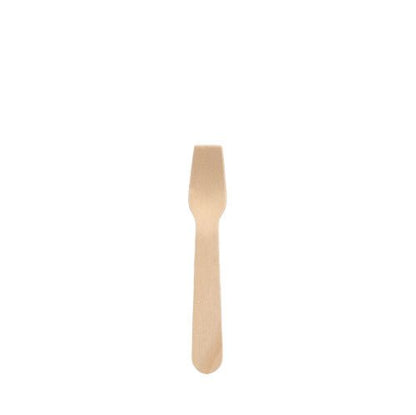 A small PAPSTAR ice cream spoon made of wood "pure" (9.4 cm) stands in the center on a white background, has a flat handle and a short head with flat prongs - an eco-friendly, environmentally conscious choice from PAPSTAR GmbH (100 pieces).