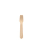 A small PAPSTAR ice cream spoon made of wood "pure" (9.4 cm) stands in the center on a white background, has a flat handle and a short head with flat prongs - an eco-friendly, environmentally conscious choice from PAPSTAR GmbH (100 pieces).