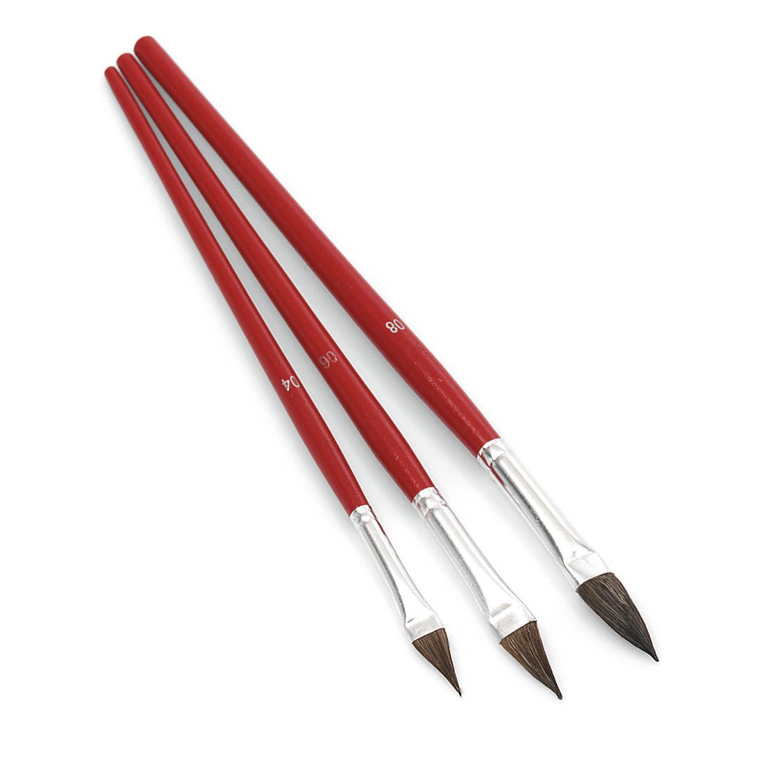 Three Nölle Profi Brush touch-up brushes by Nölle Profi Brush Bürsten- & Pinseltechnik e.K., sizes 4-8, with red handle, silver ferrule, and fine natural bristles are arranged on a white background for precise touch-ups.