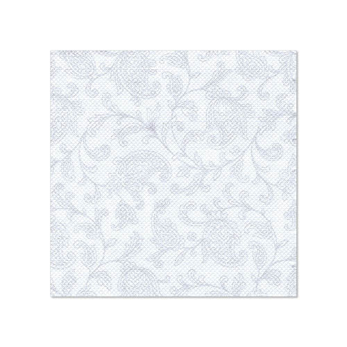 A square white napkin in the size 25 x 25 cm from the ROYAL Collection of the PAPSTAR GmbH with a subtle light blue floral and leaf print; sold as "PAPSTAR 20 Napkins 'ROYAL Collection' 1/4-Fold." On a plain white background.