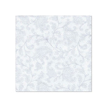 A square white napkin in the size 25 x 25 cm from the ROYAL Collection of the PAPSTAR GmbH with a subtle light blue floral and leaf print; sold as "PAPSTAR 20 Napkins 'ROYAL Collection' 1/4-Fold." On a plain white background.
