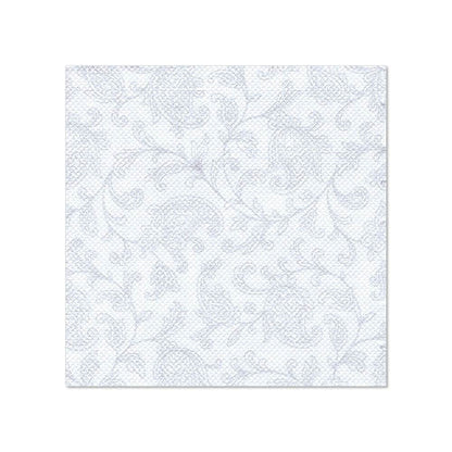 A square white napkin in the size 25 x 25 cm from the ROYAL Collection of the PAPSTAR GmbH with a subtle light blue floral and leaf print; sold as "PAPSTAR 20 Napkins 'ROYAL Collection' 1/4-Fold." On a plain white background.