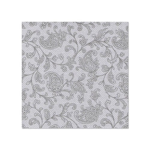 The PAPSTAR 20 napkins "ROYAL Collection" (25x25 cm, 1/4-Fold) of the PAPSTAR GmbH feature an elegant swirling floral pattern in light gray on white, with fine lines, leaves, and paisley shapes.