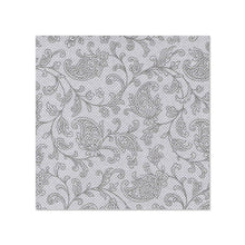 The PAPSTAR 20 napkins "ROYAL Collection" (25x25 cm, 1/4-Fold) of the PAPSTAR GmbH feature an elegant swirling floral pattern in light gray on white, with fine lines, leaves, and paisley shapes.