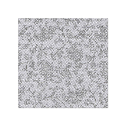 The PAPSTAR 20 napkins "ROYAL Collection" (25x25 cm, 1/4-Fold) of the PAPSTAR GmbH feature an elegant swirling floral pattern in light gray on white, with fine lines, leaves, and paisley shapes.