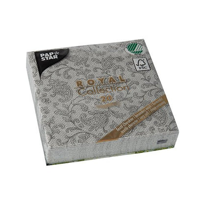 A sealed package of 20 PAPSTAR napkins "ROYAL Collection" 1/4-Fold (25 x 25 cm) from the PAPSTAR GmbH showcases a silver floral design with FSC and eco-label logos, indicating 20 napkins per package.