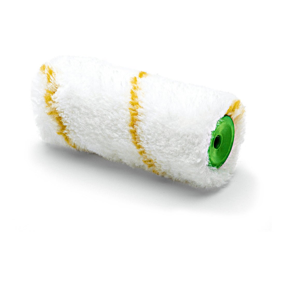 Close-up of a Nölle Profi Brush combination roller yellow thread, 10 cm x Ø 30 mm, 12 mm pile height paint roller cover from Nölle Profi Brush brush & brush technology e.K., with yellow stripes and green core on a white background.