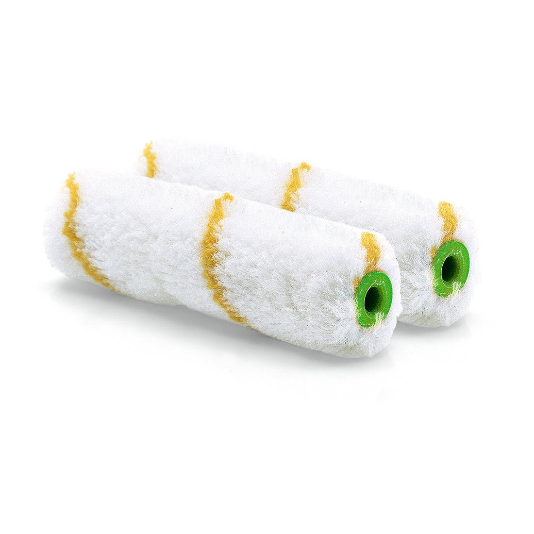 Two Nölle Profi Brush Bürsten- & Pinseltechnik e.K. small area roller Gelbfaden pile height 12 mm roller covers with yellow stripes and green ends are arranged side by side on a white background.