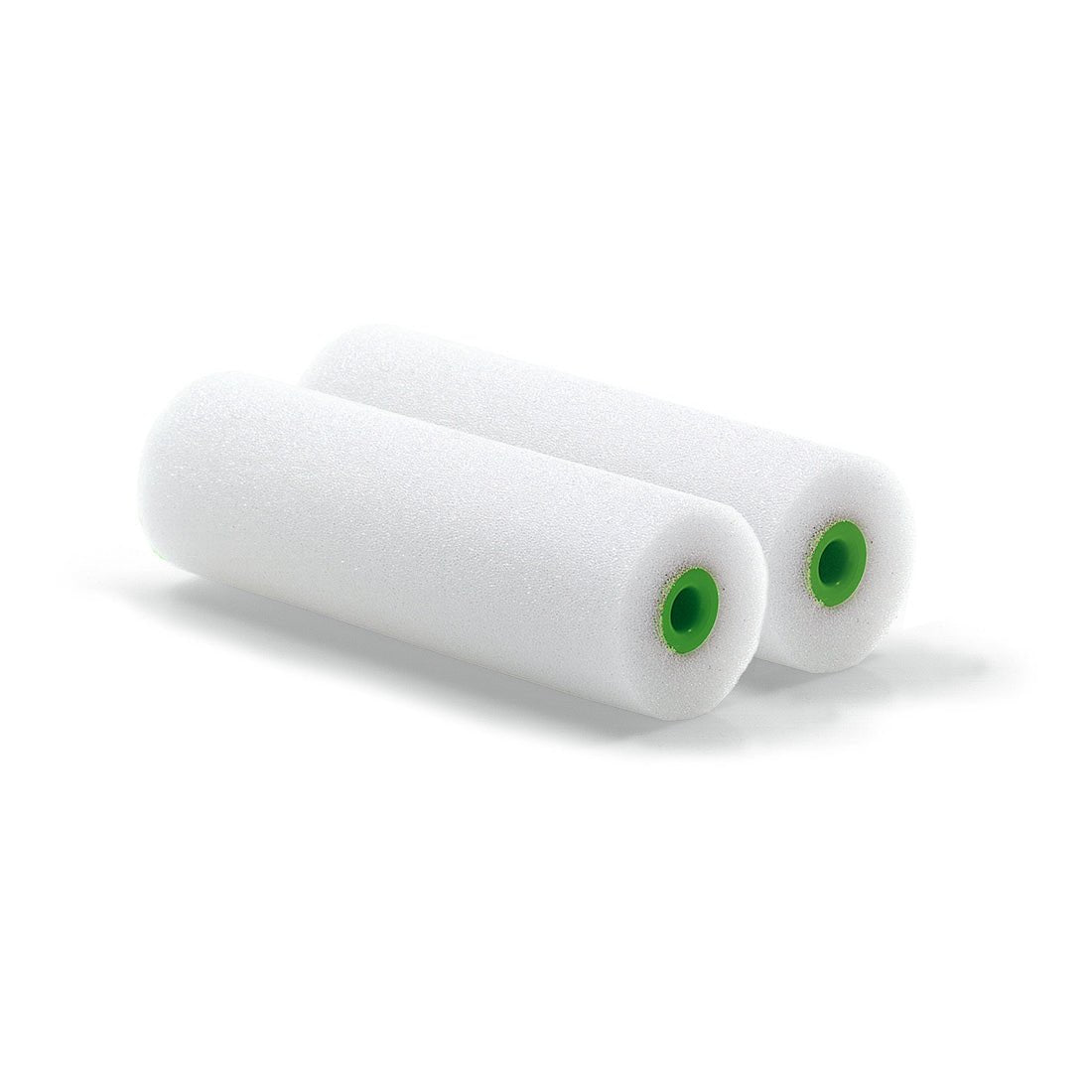 Two Nölle Profi Brush paint rollers fine 10 cm with green plastic core (2-pack) from Nölle Profi Brush Bürsten- & Pinseltechnik e.K. lie side by side on a white surface, ideal for smooth surfaces.