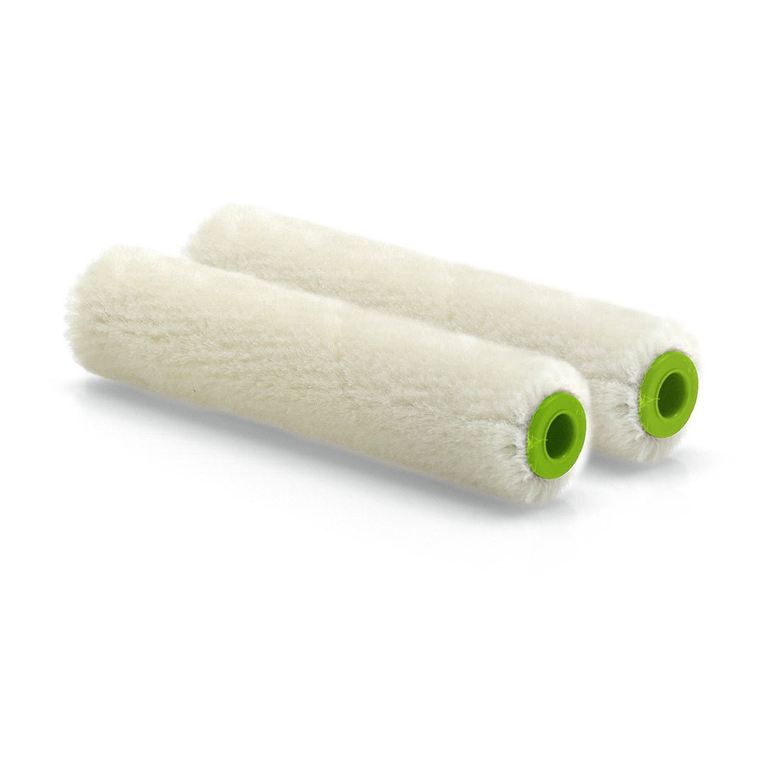 Two Nölle Profi Brush velour paint rollers (10 cm, 4 mm pile height, set of 2) from Nölle Profi Brush Brush & Paintbrush Technology e.K. are pictured side by side on a white background - ideal for smooth surfaces.