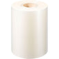 A roll of Duni GmbH PP sealing film Antifog, with a cardboard core, stands upright on a white background. This shiny film is equipped with an antifog coating and is therefore perfect for food packaging and packaging purposes.
