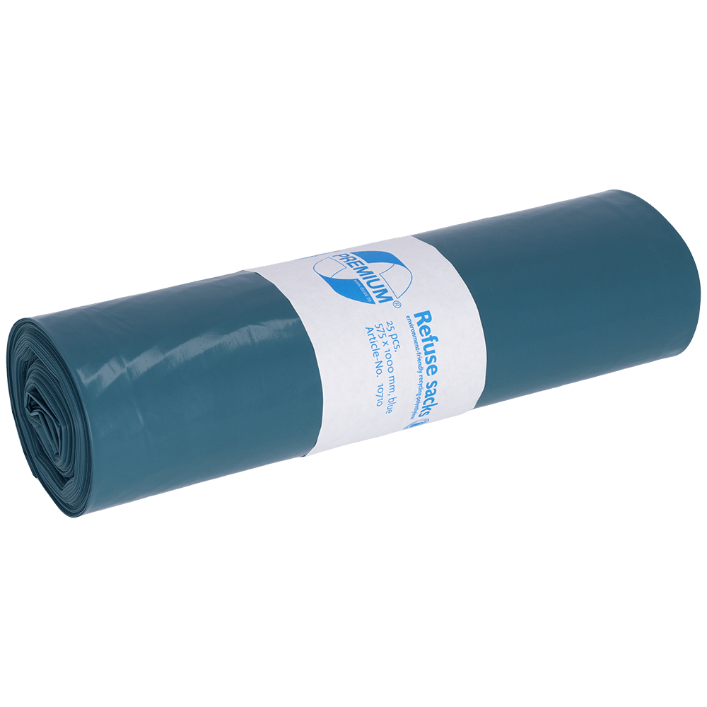 A tightly rolled bundle of blue DEISS garbage bags 575x1000x0.05 mm made from recycled LDPE 70 l by EMIL DEISS KG (GmbH + Co.) with a white label in the middle showing the product information.
