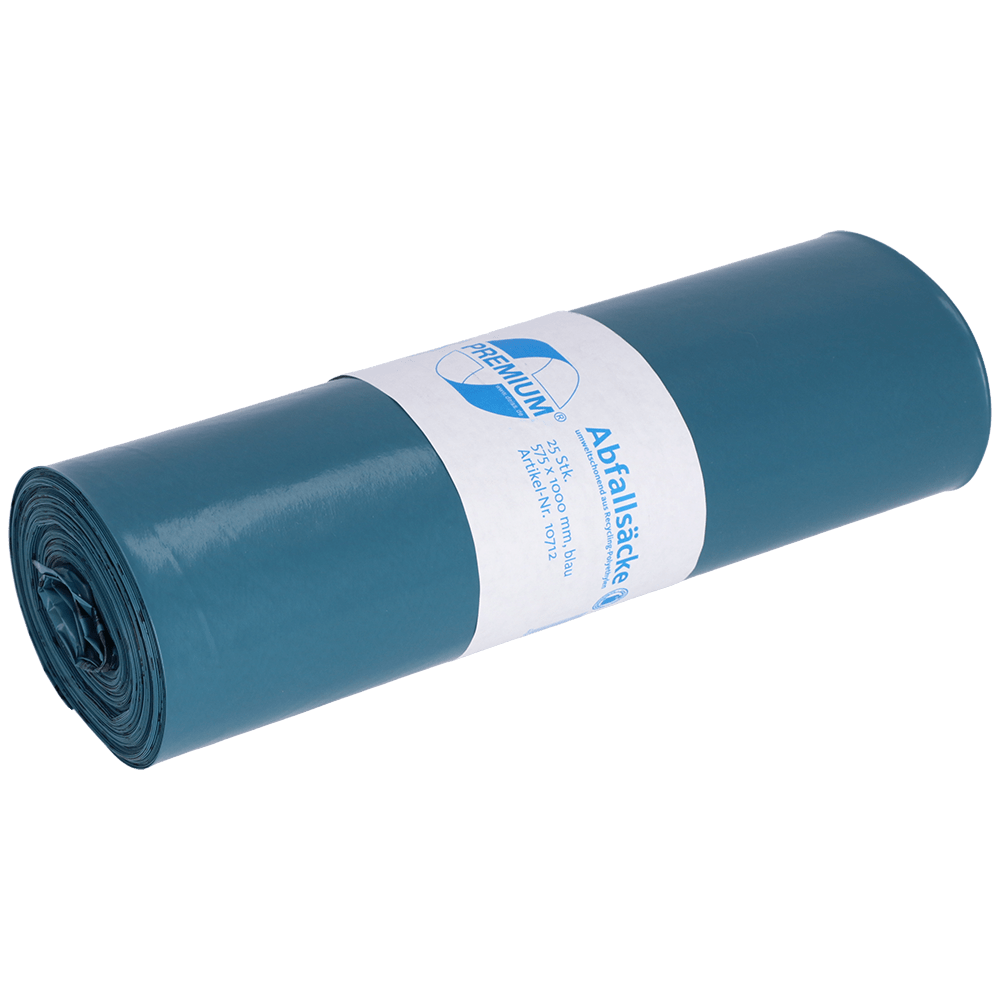 A rolled-up blue DEISS trash bag (70 l, 575x1000x0.06 mm, recycled LDPE) from EMIL DEISS KG (GmbH + Co.) is equipped with a white label with logo, emphasizing its disposal-friendliness on a plain background.