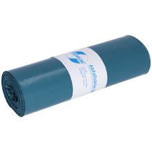 A rolled-up blue DEISS trash bag (70 l, 575x1000x0.06 mm, recycled LDPE) from EMIL DEISS KG (GmbH + Co.) is equipped with a white label with logo, emphasizing its disposal-friendliness on a plain background.
