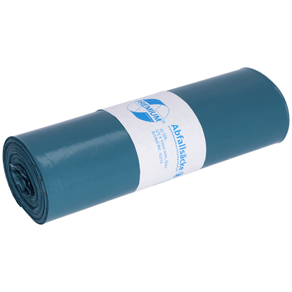 A rolled-up blue DEISS trash bag (70 l, 575x1000x0.06 mm, recycled LDPE) from EMIL DEISS KG (GmbH + Co.) is equipped with a white label with logo, emphasizing its disposal-friendliness on a plain background.