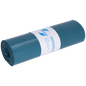 A rolled-up blue DEISS trash bag (70 l, 575x1000x0.06 mm, recycled LDPE) from EMIL DEISS KG (GmbH + Co.) is equipped with a white label with logo, emphasizing its disposal-friendliness on a plain background.