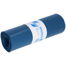 A blue rolled-up DEISS trash bag 70L from EMIL DEISS KG (GmbH + Co.), made from recycled LDPE, with a white label featuring blue graphics and German text; Size: 575x1000x0.07 mm, ideal for daily waste disposal.