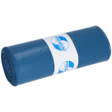 A tightly rolled blue plastic bag from EMIL DEISS KG (GmbH + Co.) with the label "PREMIUM" and a recycling symbol. The DEISS garbage bags 575x1000x0.01 mm made of LDPE 70 l are excellent for efficient and environmentally friendly waste disposal. Solid white background.