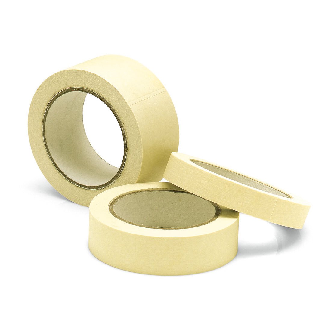 Three rolls of Nölle Profi Brush flat masking tape 50 m by Nölle Profi Brush Bürsten- & Pinseltechnik e.K. are arranged on a white background - one upright, one flat, and one angled - perfect for precise masking work.