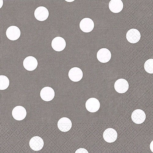 The 20 napkins from PAPSTAR GmbH are gray, 3-ply, 40 x 40 cm with evenly distributed white dots and a textured border design.