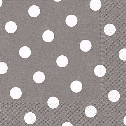The 20 napkins from PAPSTAR GmbH are gray, 3-ply, 40 x 40 cm with evenly distributed white dots and a textured border design.