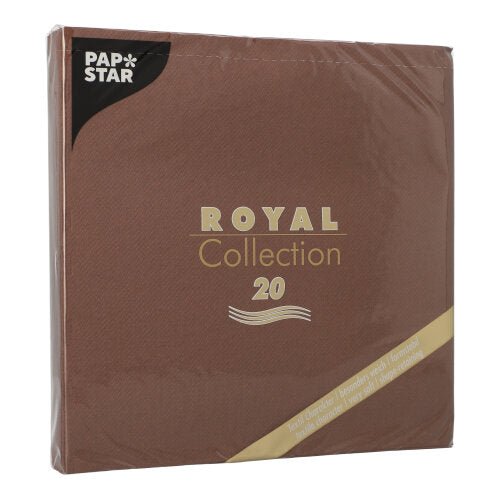 A brown square pack of PAPSTAR 20 napkins "ROYAL Collection" 1/4-fold (40x40 cm) from PAPSTAR GmbH, with golden and white lettering, shrink-wrapped in clear plastic - ideal for table decoration.
