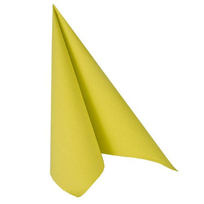 A green napkin PAPSTAR 50 napkins "ROYAL Collection" (1/4-fold, 40 x 40 cm), folded into a standing triangle shape with two peaks, is shown on a white background - ideal for festive occasions.