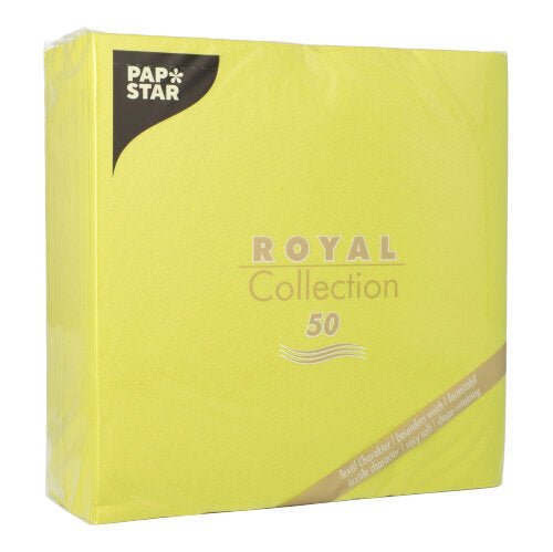A green package of PAPSTAR 50 napkins "ROYAL Collection" 1/4-fold, 40 x 40 cm from PAPSTAR GmbH. The package is adorned with gold and white lettering and a small brown Papstar logo in the upper left corner.