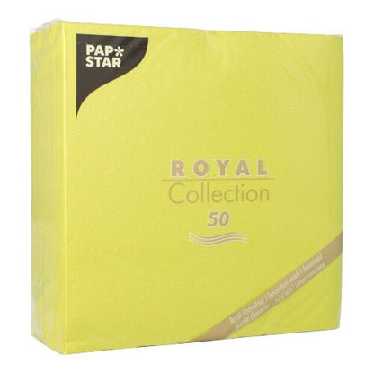 A green package of PAPSTAR 50 napkins "ROYAL Collection" 1/4-fold, 40 x 40 cm from PAPSTAR GmbH. The package is adorned with gold and white lettering and a small brown Papstar logo in the upper left corner.