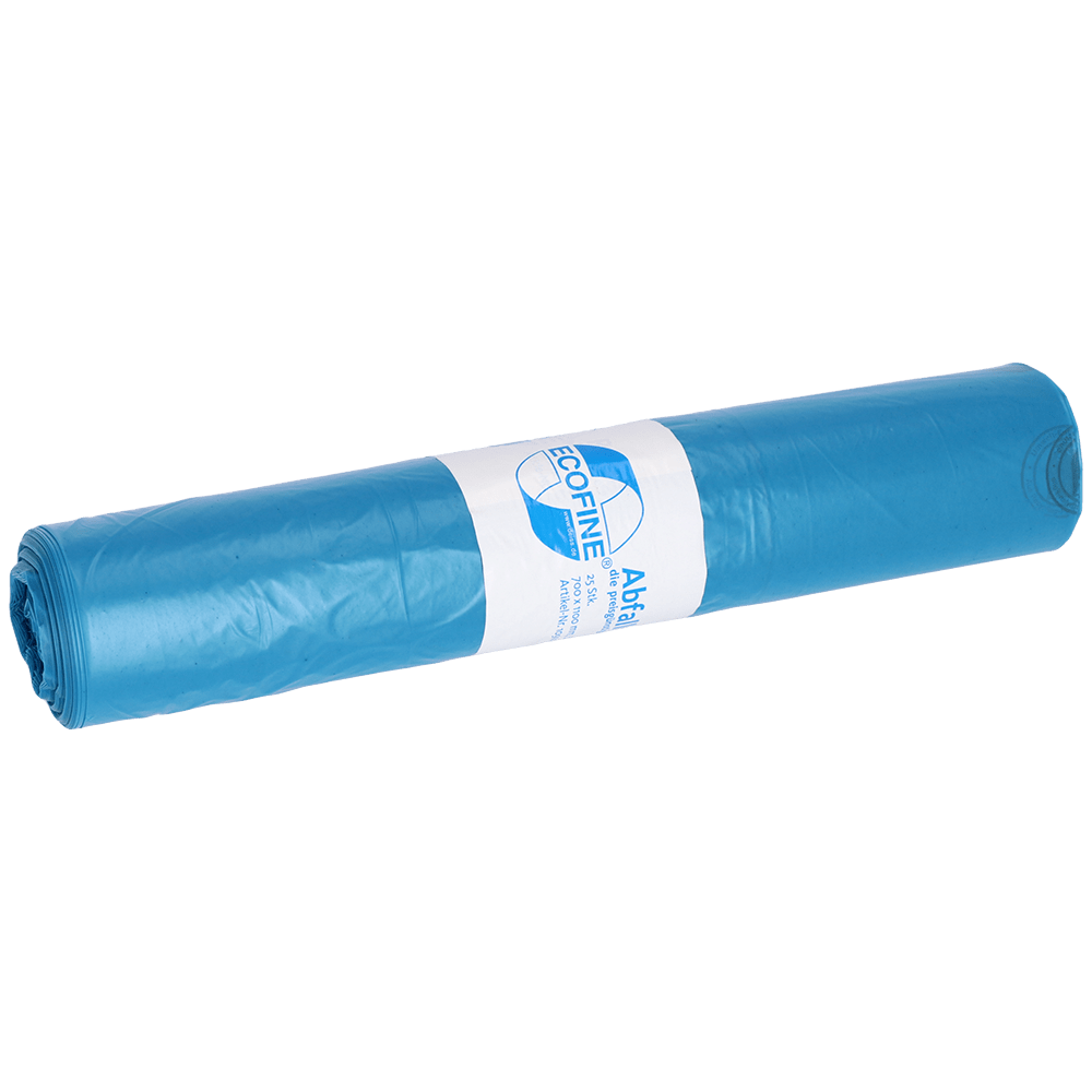 A blue roll of DEISS ECOFINE® waste bags 13900 (120L, recycled LDPE/LLDPE) from EMIL DEISS KG (GmbH + Co.) with a white label with text and logo on a white background - ideal for environmentally responsible disposal.