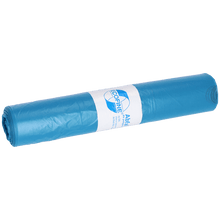 A blue roll of DEISS ECOFINE® waste bags 13900 (120L, recycled LDPE/LLDPE) from EMIL DEISS KG (GmbH + Co.) with a white label with text and logo on a white background - ideal for environmentally responsible disposal.
