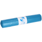 A blue roll of DEISS ECOFINE® waste bags 13900 (120L, recycled LDPE/LLDPE) from EMIL DEISS KG (GmbH + Co.) with a white label with text and logo on a white background - ideal for environmentally responsible disposal.