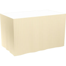 A rectangular table draped with floor-length, pleated, cream-colored Dunicel tablecloths (self-adhesive 72 cm, 5 x 4 m) from Duni GmbH; the white tabletop remains uncovered.