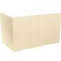 A rectangular table draped with floor-length, pleated, cream-colored Dunicel tablecloths (self-adhesive 72 cm, 5 x 4 m) from Duni GmbH; the white tabletop remains uncovered.