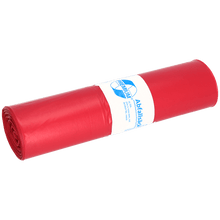 Pictured is a roll of DEISS 11002 red garbage bags (700x1100x0.06 mm, 25 pieces) from EMIL DEISS KG with a white label and blue text on a white background.