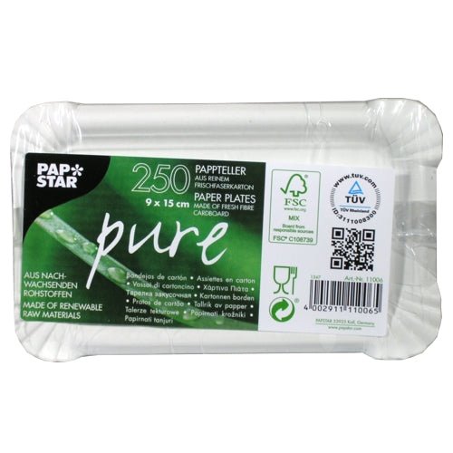 A transparent plastic package with 250 PAPSTAR GmbH "pure" square white paper plates (rectangular, 9 x 15 cm) made from virgin fiberboard. The package is labeled with eco-friendly symbols and product information in multiple languages.