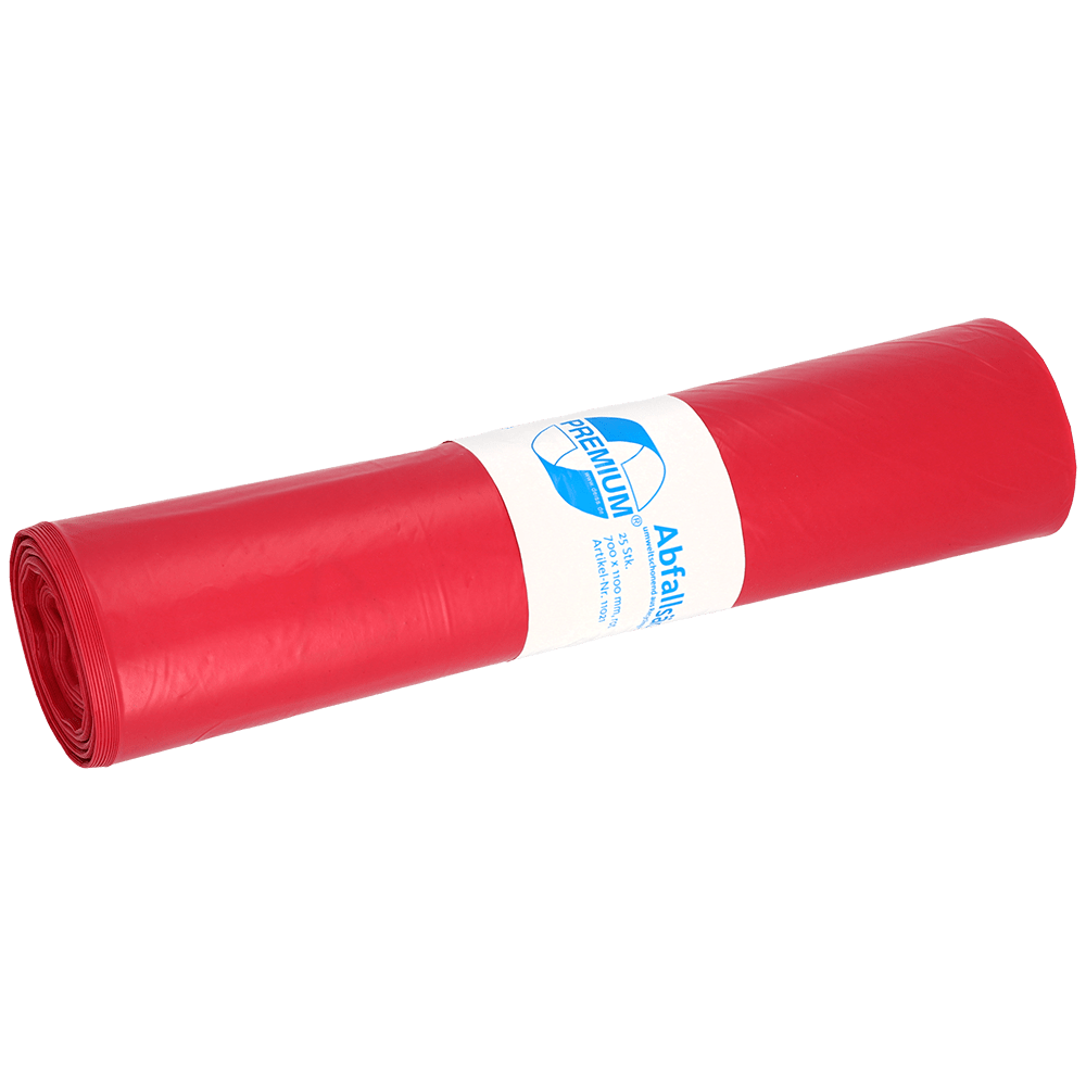 Pictured is a roll of EMIL DEISS KG (GmbH + Co.) DEISS 11021 - 700x1100 mm Type 60 red garbage bags (25 pieces) with a white-blue label on a plain white background.