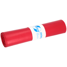 Pictured is a roll of EMIL DEISS KG (GmbH + Co.) DEISS 11021 - 700x1100 mm Type 60 red garbage bags (25 pieces) with a white-blue label on a plain white background.