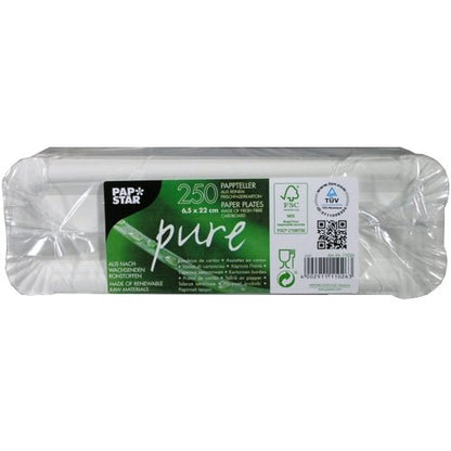 A package with 250 PAPSTAR GmbH "pure" square white cardboard plates, packed in clear plastic with product information and eco-friendly certification symbols on the label.