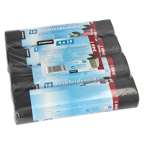 A pack of 60 black Starpak garbage bin liners (135 x 120 cm, 240 l) is rolled in four bundles of 15 pieces each and wrapped in eco-friendly shrink wrap. Blue and white label with product details.