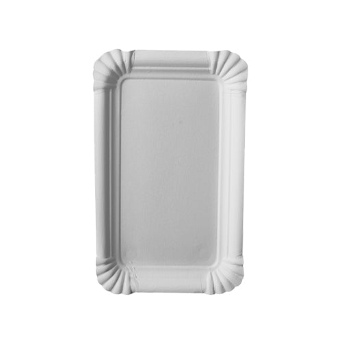 The PAPSTAR 250 plate "pure" square white is a rectangular white disposable plate with raised edges and ribbed corners, made from eco-friendly virgin fiberboard by PAPSTAR GmbH, depicted on a solid white background.
