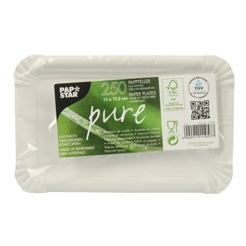 A rectangular stack of PAPSTAR 250 plates, "pure" cardboard rectangular white, made from fresh fiberboard (11 x 17.5 cm), plastic wrapped. The label shows: FSC and TÜV certified, made from renewable resources.